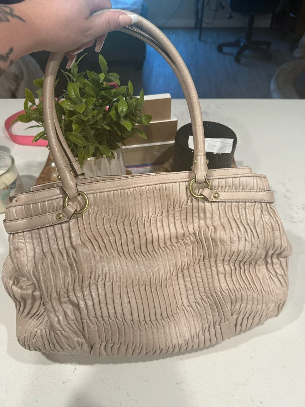 Coach Pleated Pebbled Leather Satchel in Blush